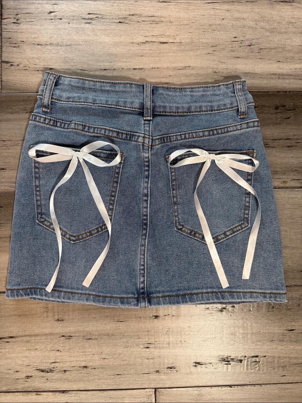 NWOT  SHEIN Denim Mini Skirt with White Ribbon Accents
